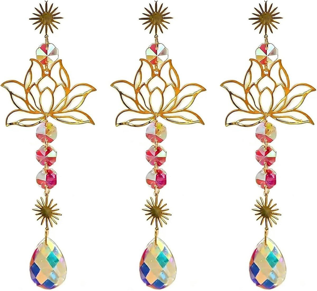 3 Lotus Flower Crystal Suncatchers, Lotus Prism Suncatcher Window Tuin, Metalen Lotus en Kunstmatige Kristal Suncatcher Bedels, Handgemaakte Wind Chime Hangers, voor Home Decor.