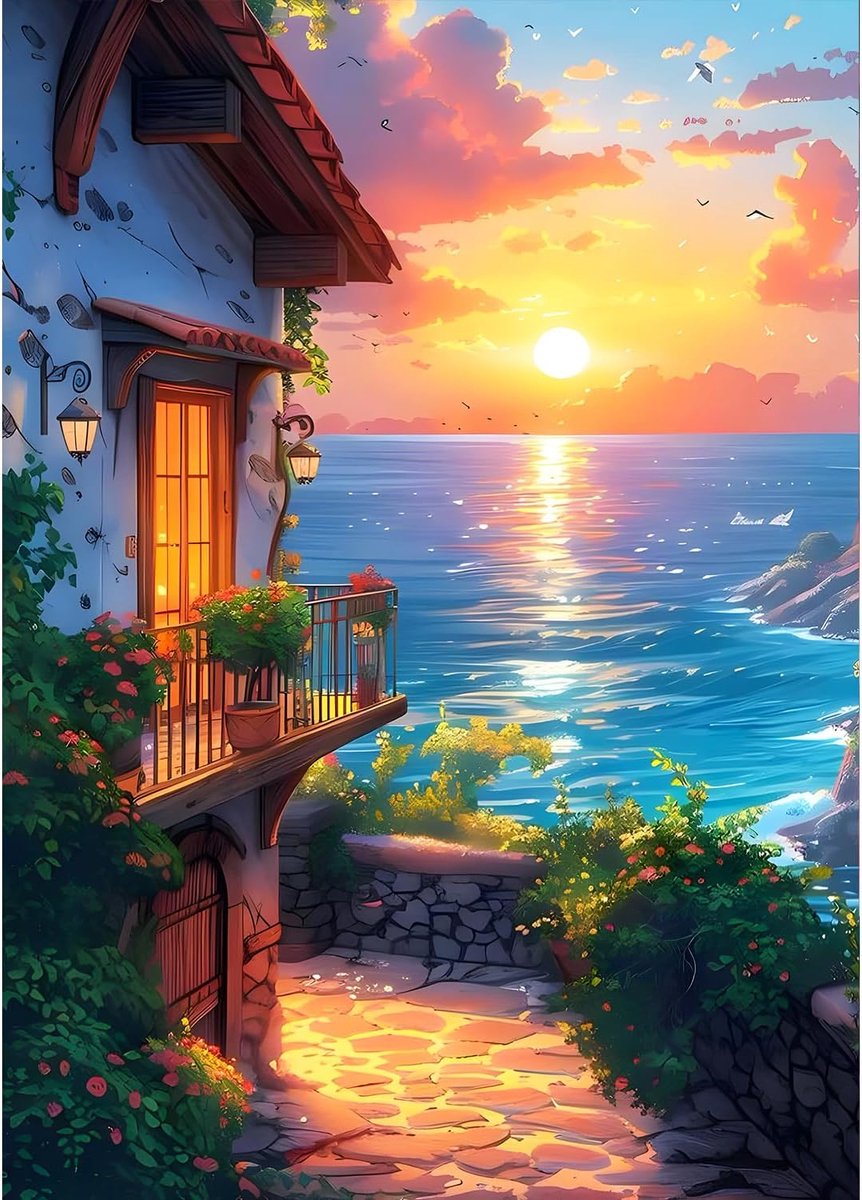 5D DIY Sunset at Sea Diamond Painting, Seaview Room Diamond Painting voor volwassenen, beginners, landschap, diamantkunst, huisdecoratie, diamantschilderij met 30 x 40 cm