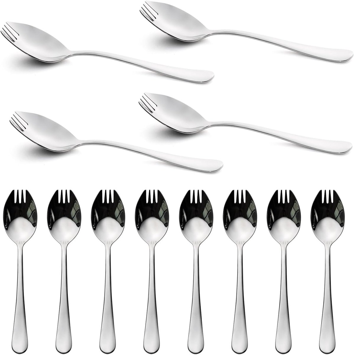 Sporks, 12 stuks voedselveilige roestvrijstalen sporken, 18,8 cm lange steel saladevorken voor dessert, ijs, salade, soep, pasta, spaghetti, vaatwasmachinebestendig