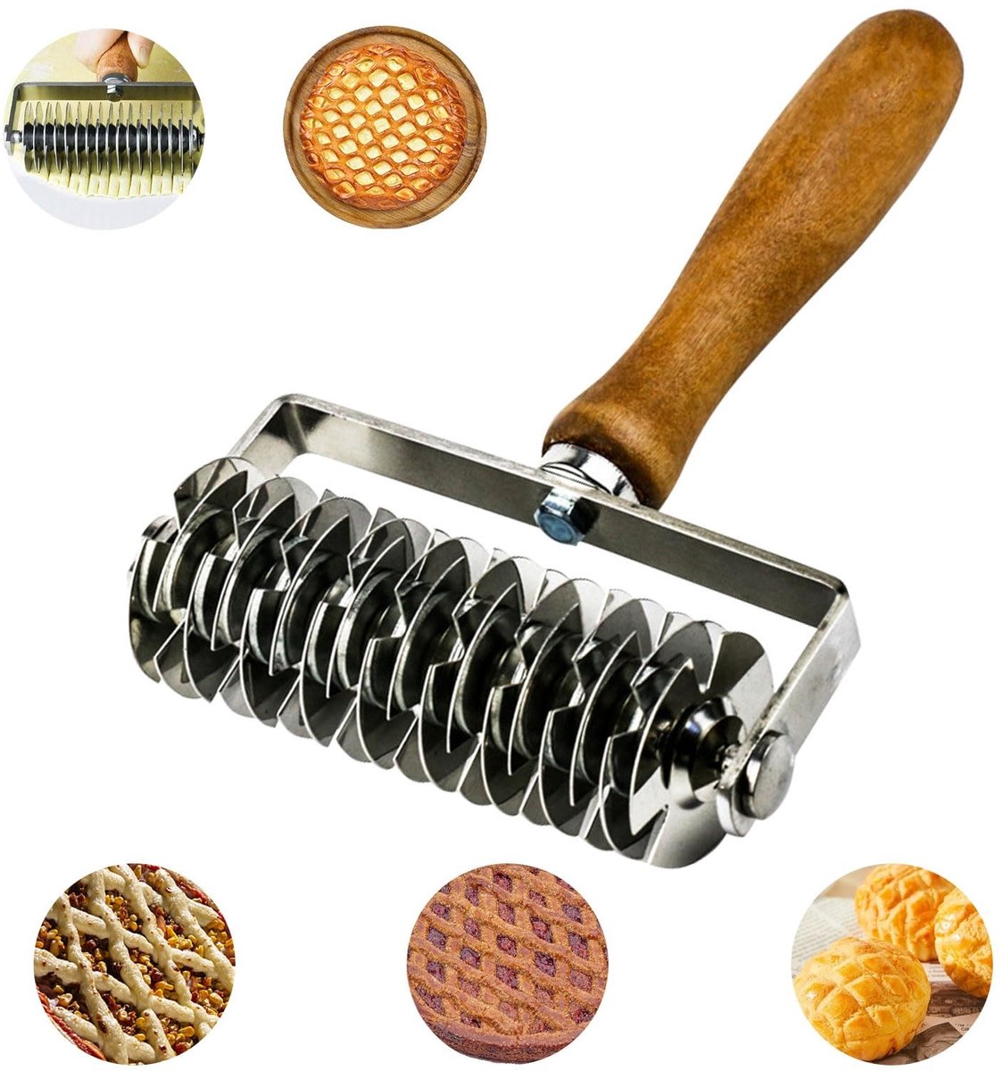Omgoods- Deegstripsnijder Roosterroller - Bakgereedschap - Roestvrijstalen Snijmachine - 13,3x20,5 cm - Duurzaam Houten Handvat - Gelijkmatige Resultaten - Bakvorm