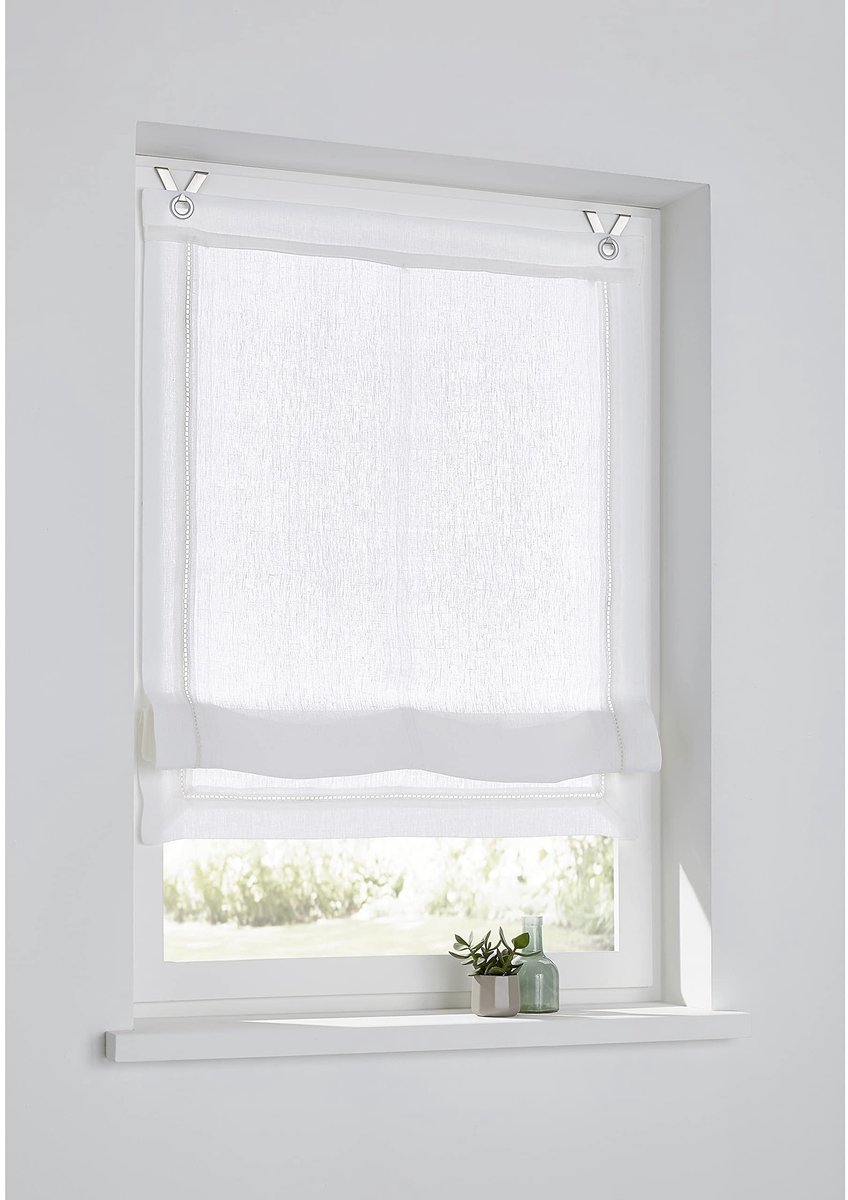 Omgoods - Vouwgordijn Hedda Linnen Wit met Holle Zoom Borduursel, Afmeting: Breedte 45cm x Hoogte 140cm