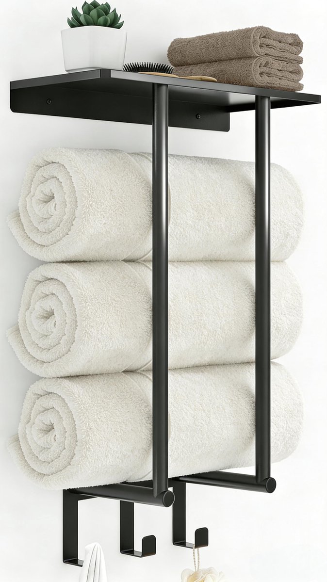 Omgoods - Wandtowelrek met Plank en 3 Haken voor Badkamer