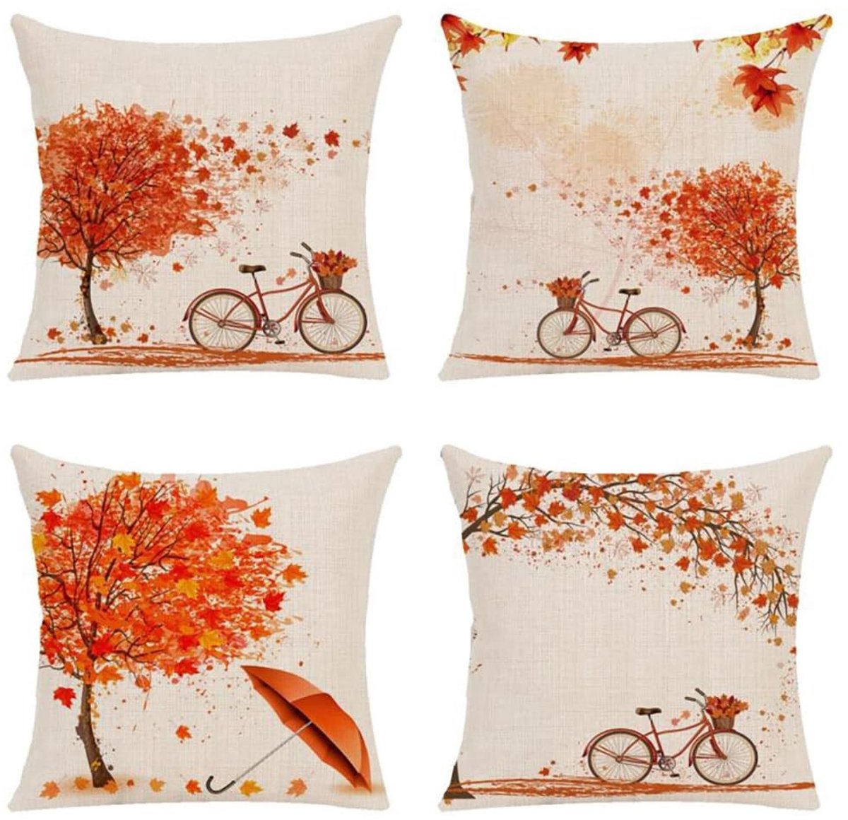 Omgoods - Set van 4 Sierkussenslopen 45,7 x 45,7 cm - Decoratieve Oranje Kussenslopen met Boom- en Fietsafdrukken