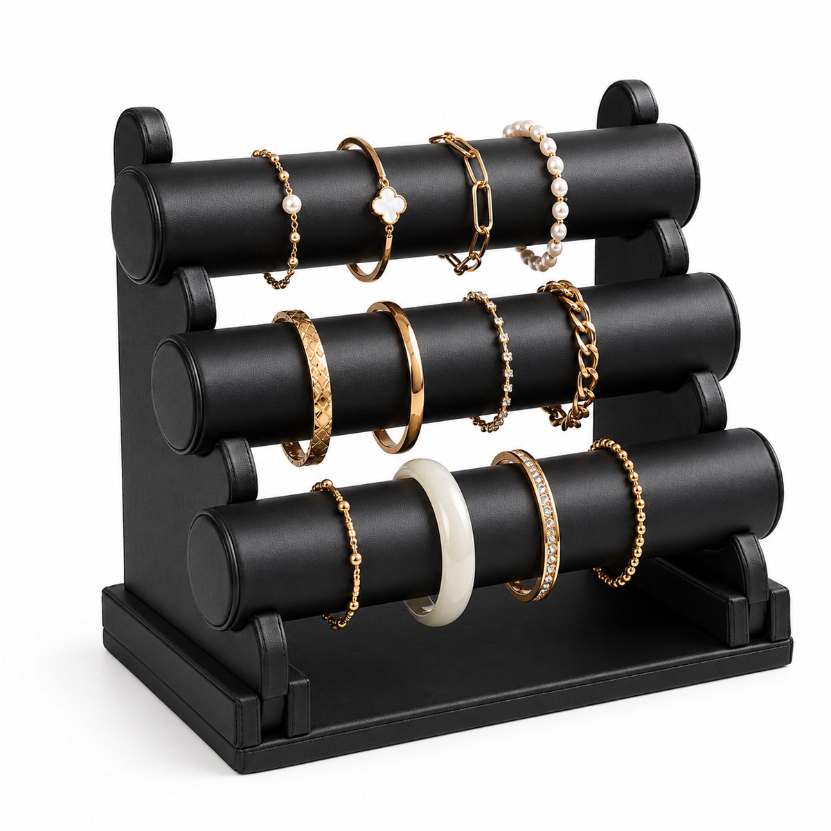 Fliex - sieradenopberger - Armbanden Display 3-Laags Zwart Glad Leer – Sieradenhouder voor Armbanden, Horloges & Bangles – 35 x 18 x 27 cm