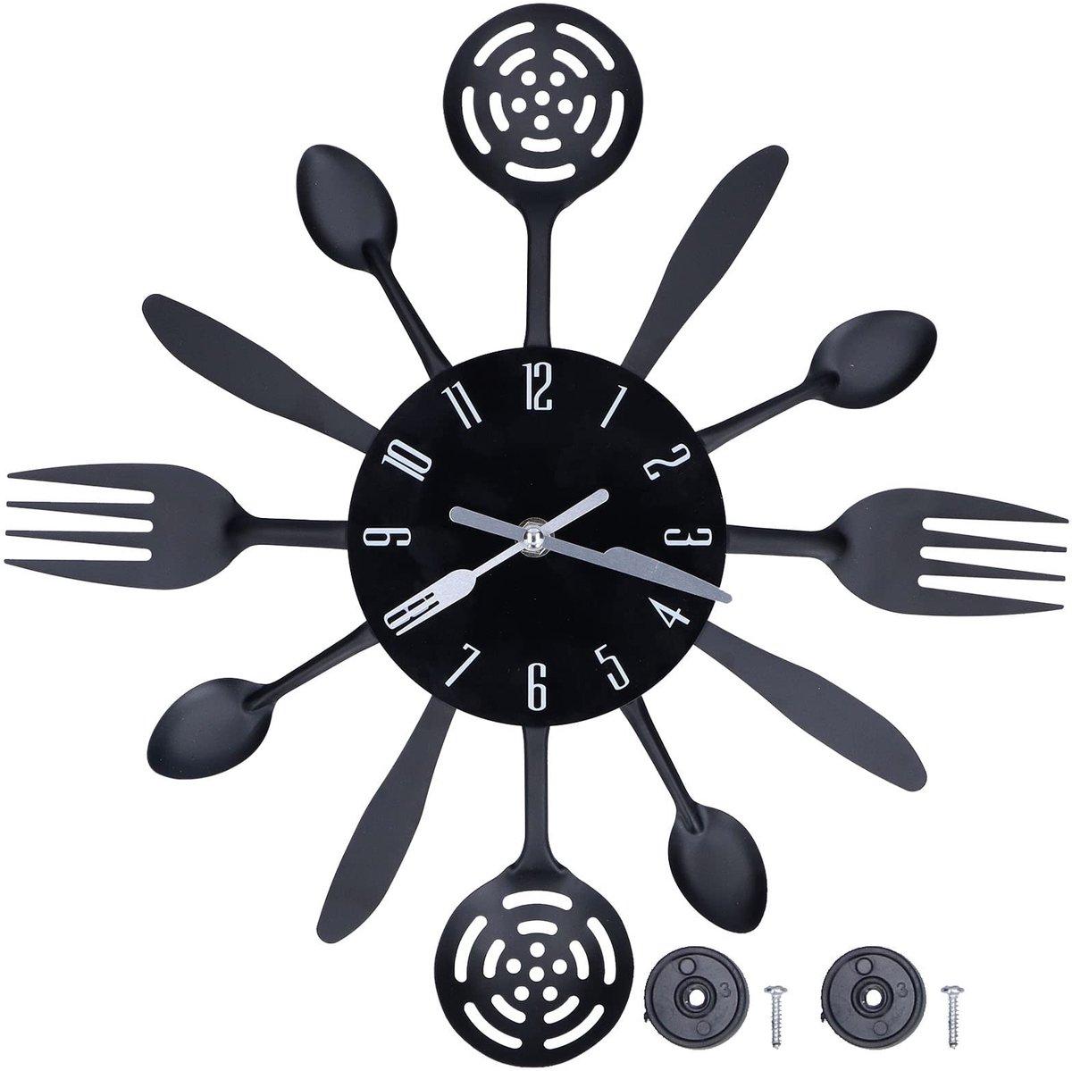 Omgoods - Zwarte Keuken Wandklok - Moderne Wanddecoratie - Bestek Vork Lepel Vorm - Voor Thuis Keuken Restaurant - Roestvrij staal - Energiezuinig