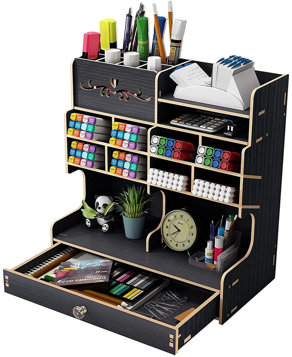 Omgoods - Houten Pennenhouder - Multifunctionele Bureau Organizer met Lade