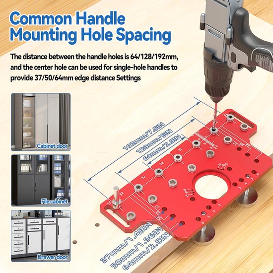 Plankjespen Jig & 35 mm Scharnier Jig Twee-in-Één, Plankjespen Boor Jig met 5 mm en 1/4" Boorkoppen, Kast Scharnier Jig Boor Gatenpunser Boor Gat Boor Gids — afbeelding 4