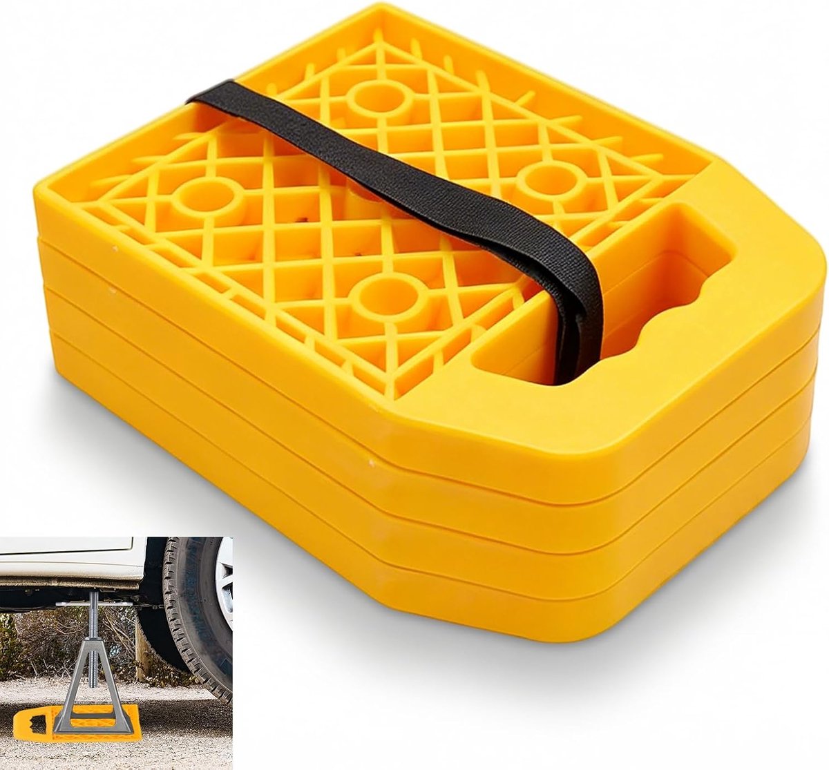 4 stuks steunplaten stapelbaar met handvat: 23 x 17cm antislip onderlegplaten caravan, duurzame caravan steunplaten voor caravan stabiliteit (geel)