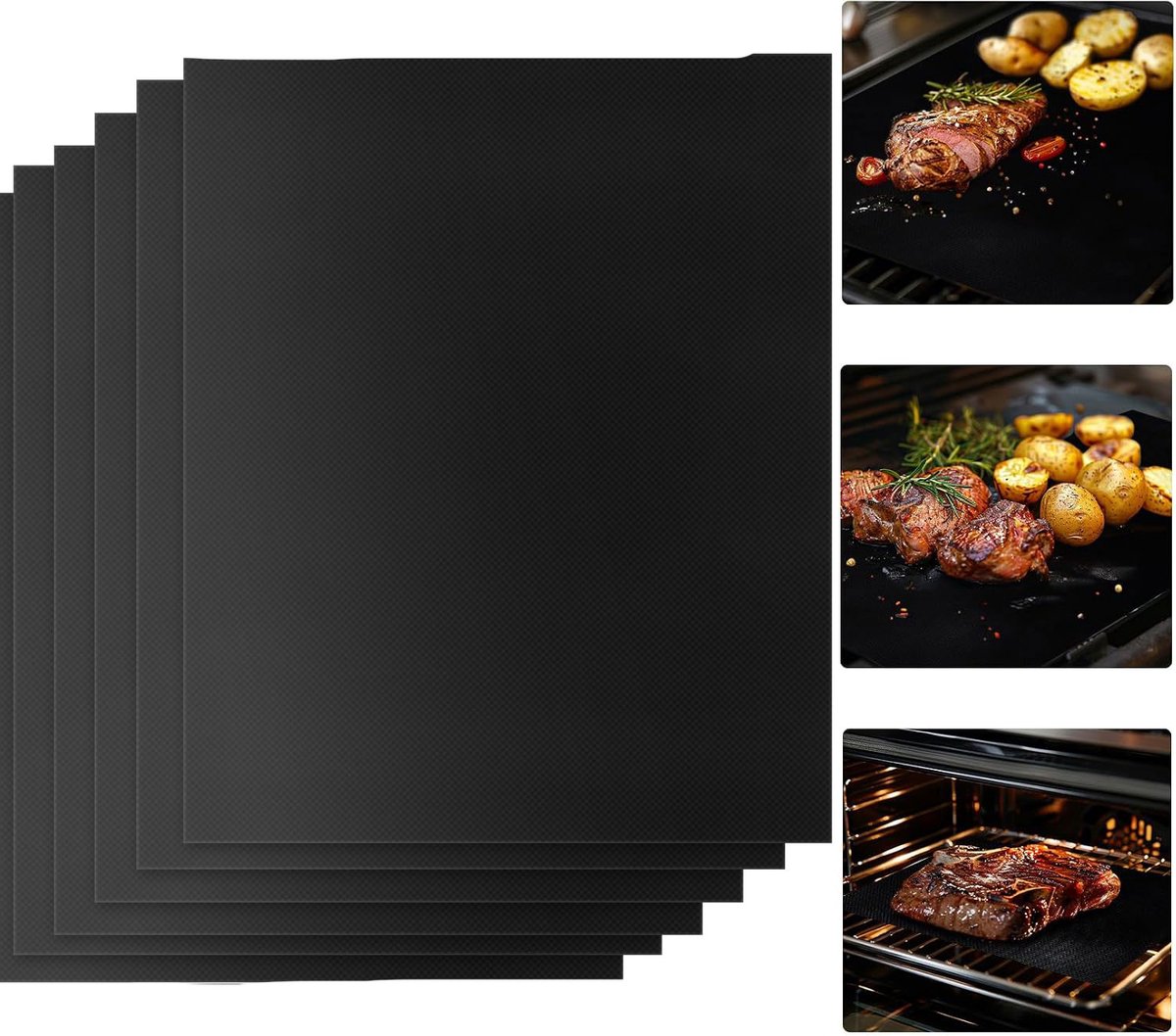 6-stuks Barbecue Mat - BBQ Grill mat - Anti aanbak oven mat - Herbruikbare en gemakkelijk te reinigen barbecuemat - 33× 40 × 0.02cm - Geschikt voor gas, houtskool- en elektrische ovens; grillen, koken -Zwart
