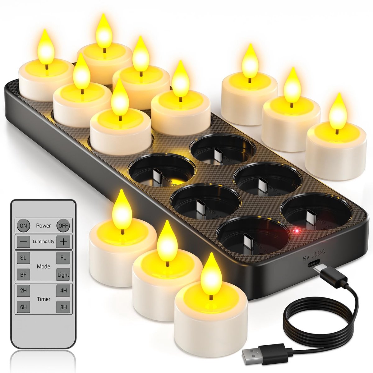 Omgoods - Oplaadbare Theelichten met Timerfunctie - 12 LED Kaarsen voor Decoratie