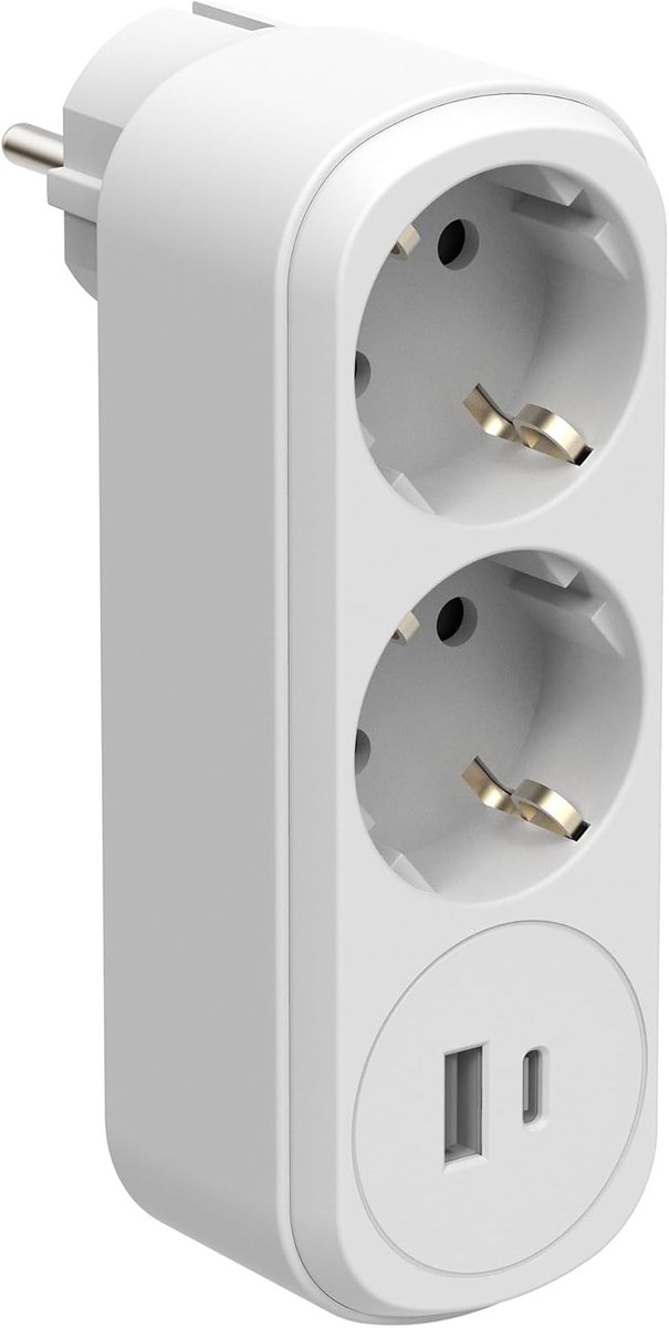 55101 Prima Dubbele Adapter 2 Stopcontacten 16A (2P+A) Schuko + 2 USB-poorten (1 type A + 1 type C), 17 W, Wit