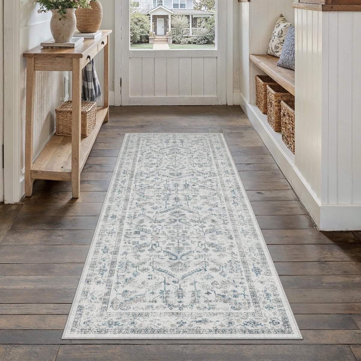 Omgoods - Runner Tapijt 60x180cm Blauw - Antislip, Vintage, Wasbaar, Kortpolig
