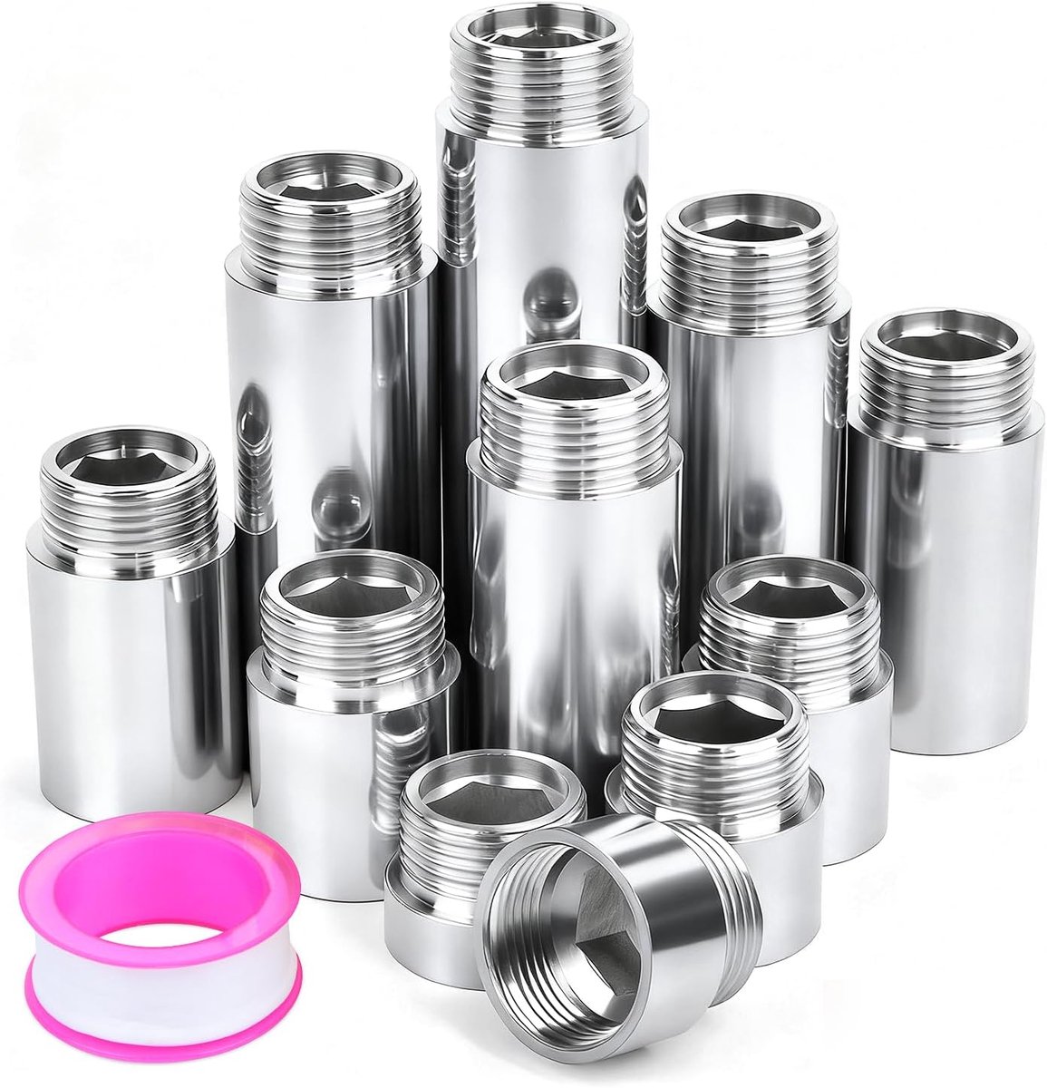 1/2 inch, 50 mm, kraanverlengingen, messing, verchroomd, 2 stuks, verlenging, wateraansluiting, schroefdraadfitting, schroefdraadverlenging voor kranen, hoekventielen