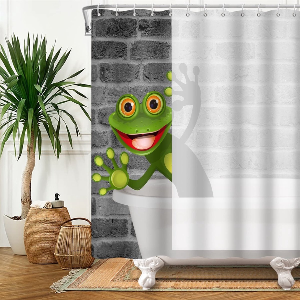 Omgoods - Schattig Kikker Douchegordijn 180x180 cm met Grijze Bakstenen Achtergrond
