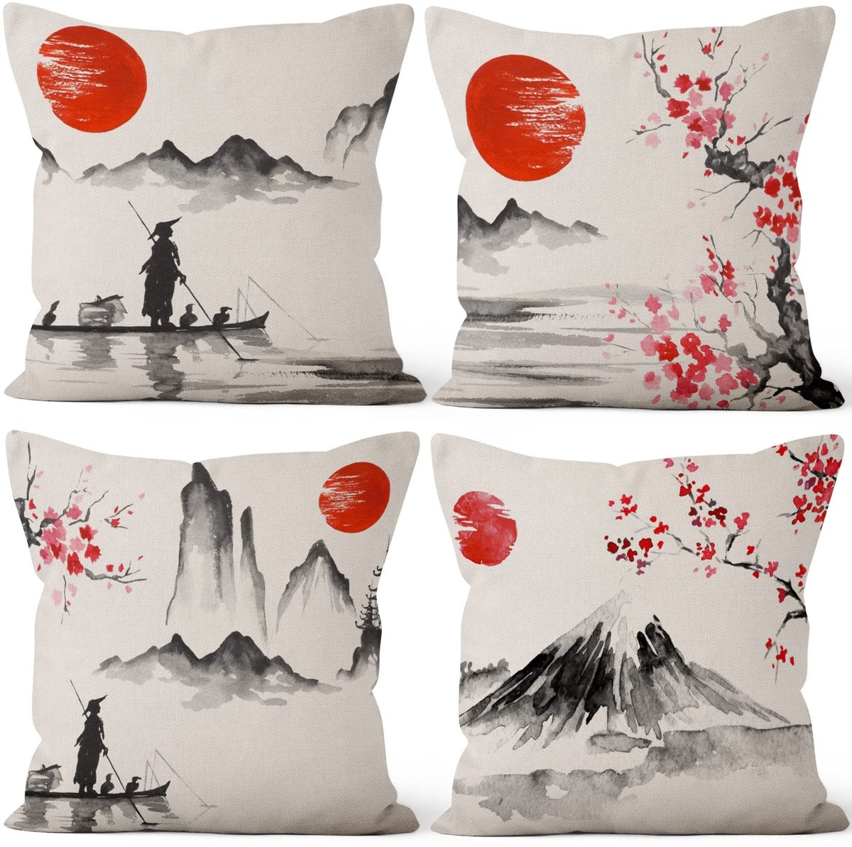 Omgoods - Set van 4 Japanse Kussenhoezen 41x41 cm met Fuji Design