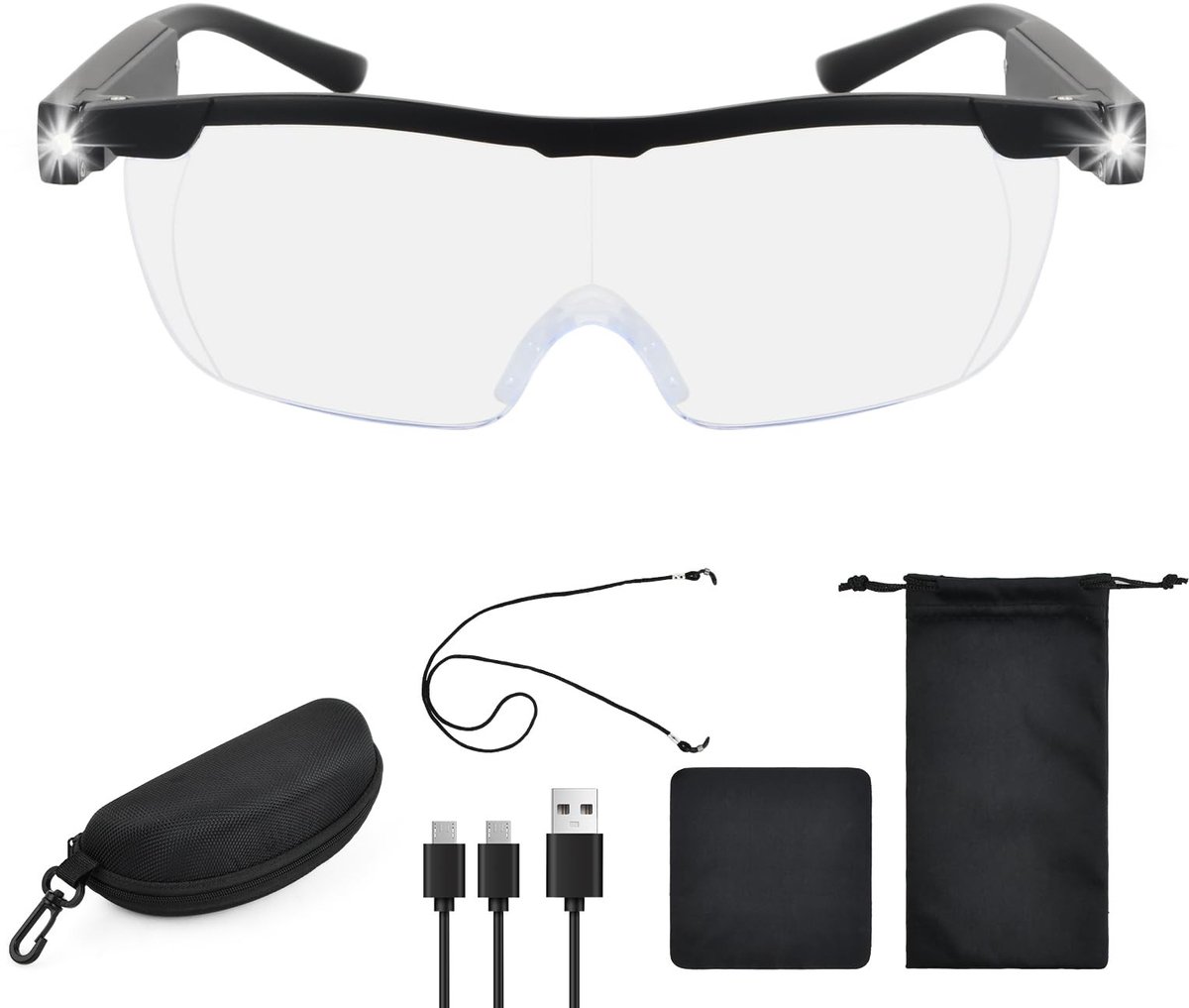 Omgoods - 180% Loupe Bril met Licht - Handsfree Vergrootglas voor Senioren en Hobbyisten