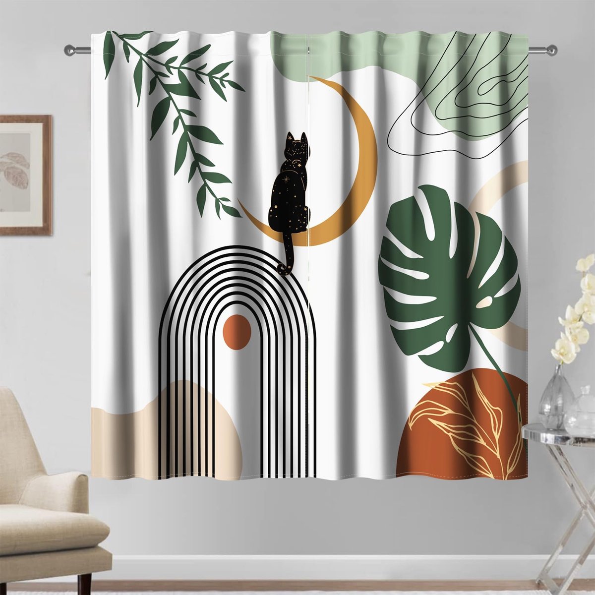 Omgoods - Oker Khaki Blackout Gordijnen met Zon en Maan Design - 117 x 183 cm, Set van 2
