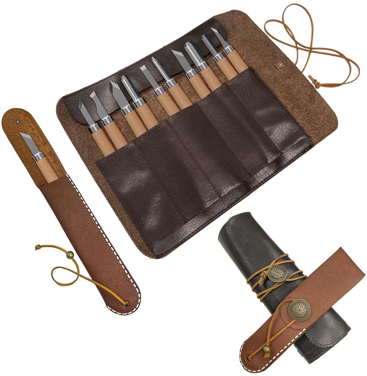 Omgoods - Luxe Lederen Mes Rol met 5 Compartimenten voor Koks