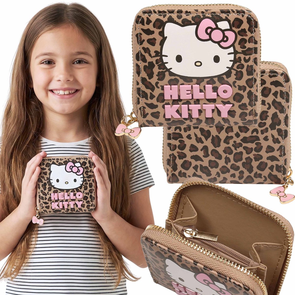 Hello Kitty PORTEMONNEE voor meisjes, voor geld, portemonnee met panterprint MET RITS 9x9 cm
