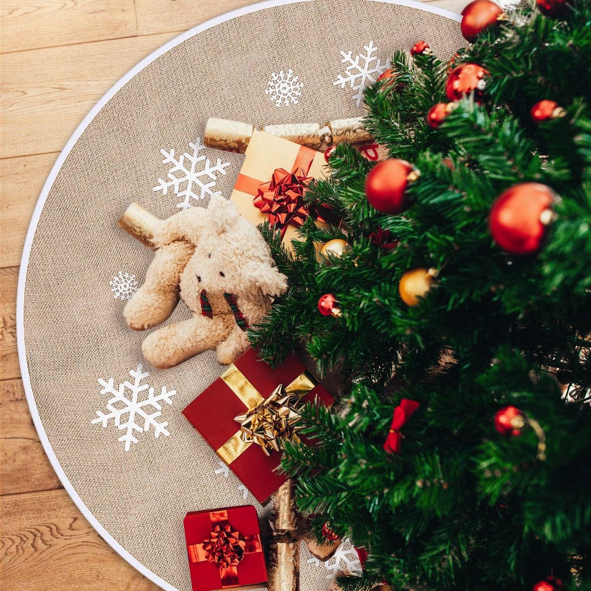 kerstboom sneeuwvlok wit bedrukt canvas boom rok basisafdekking boom voor Kerstmis vakantie decoraties (100 cm)