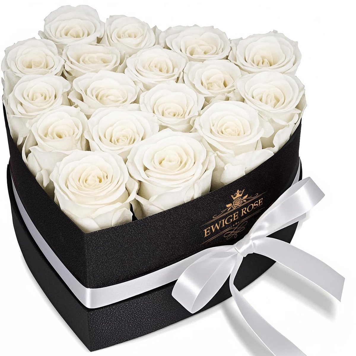 Omgoods - 17 Stuks Eeuwige Rozen in Hartdoos - Echt Rozen Cadeau voor Vrouwen (Wit)