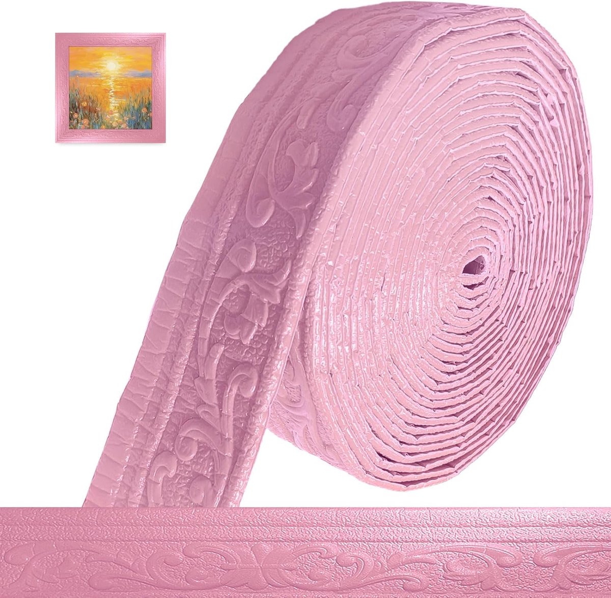 3D-stuclijsten, muur, 10 m x 8 cm x 5 mm, sierlijsten, zelfklevend, waterdichte wandrand, lijsten, zelfklevend, roll-rand trims voor hoeken, lijnen, plafonddecoratie, roze