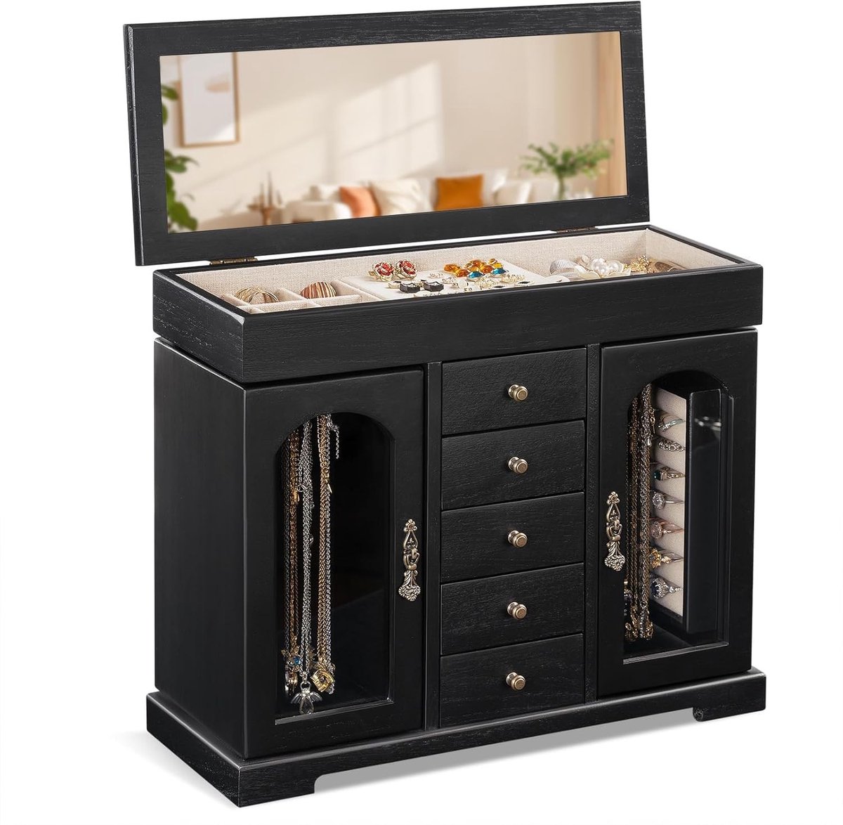 Omgoods - Grote Houten Sieradenbox met Spiegel voor Dames - Retro Bruin