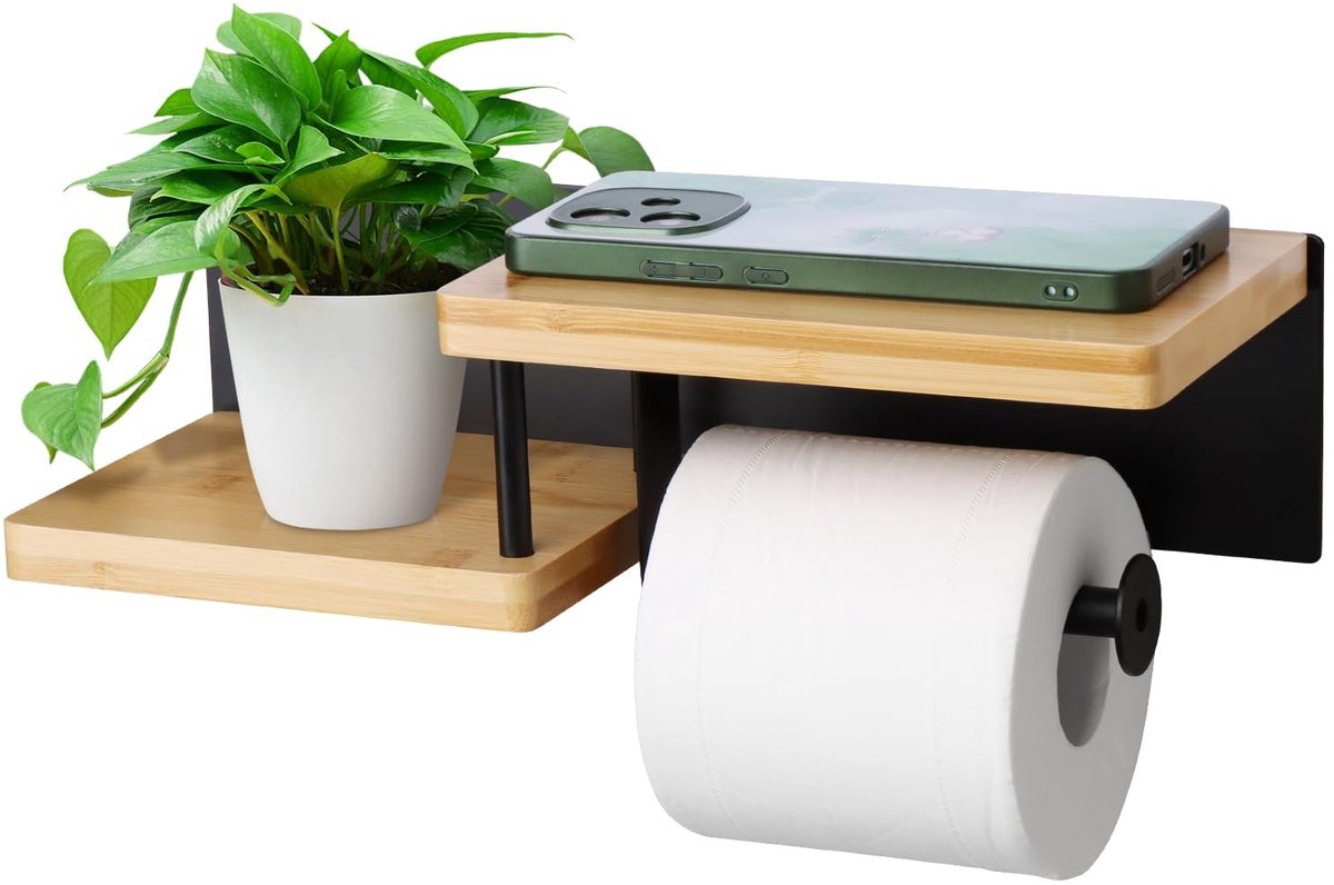 Omgoods - Bamboo Toiletpapierhouder met Plank en 2 Compartimenten