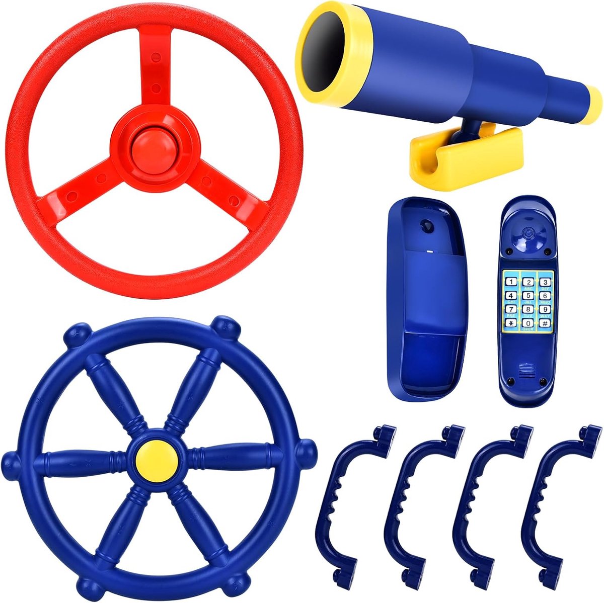 Speeltoren accessoires stuurwielset, 8-delige accessoireset voor speeltoren, stuur, telescopische verrekijker, bel telefoon, accessoires voor speeltoren, klimrek, schommel en tuin (blauw)