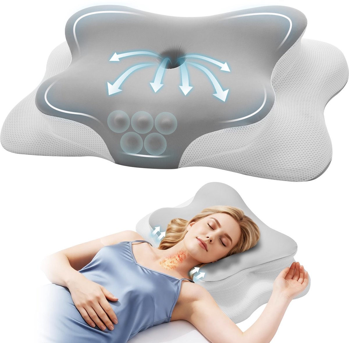 Omgoods- Nekkussen ergonomisch vlindervorm - Traagschuim - Dubbele hoogte 11/13 cm - Ademend - Wasbare hoes - Drukvrij comfort - Slaapkussen