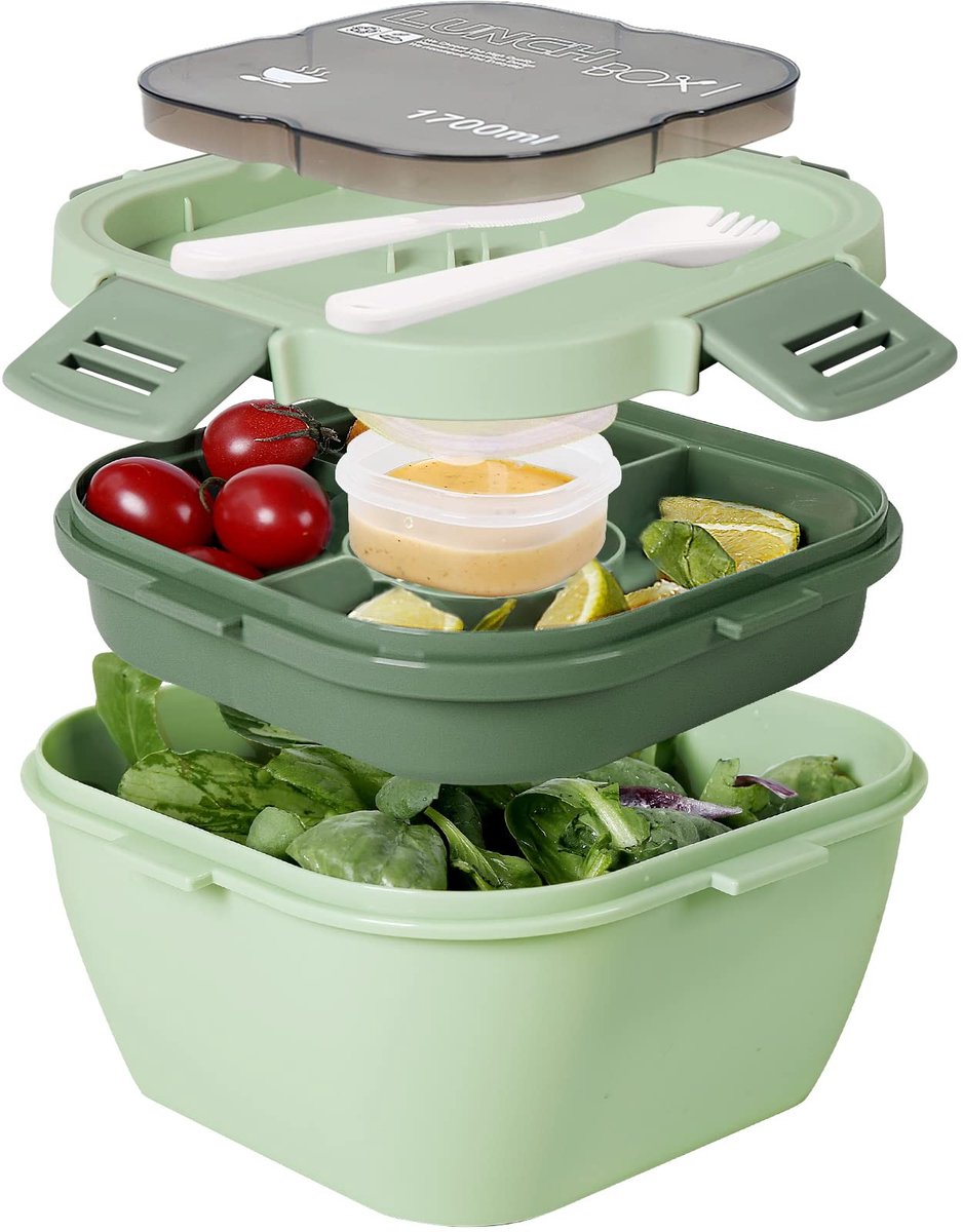 Omgoods - Salade Box met Compartimenten en Bestek, Lekvrije Lunchbox 1700 ml