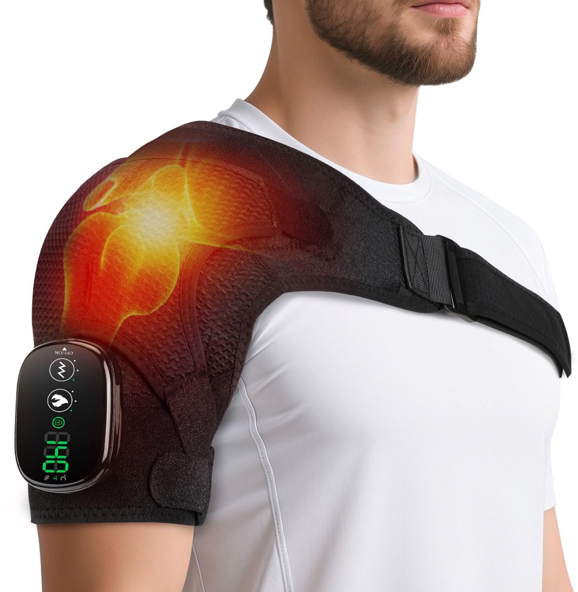 Verwarmde Schouder Massagebrace - Draadloos Massageapparaat met 3 Warmte- en Vibratiestanden - Touchscreen Bediening en 5000mAh Batterij - Geschikt voor Linker en Rechter Schouder - Voor Ontspanning en Spierverzorging