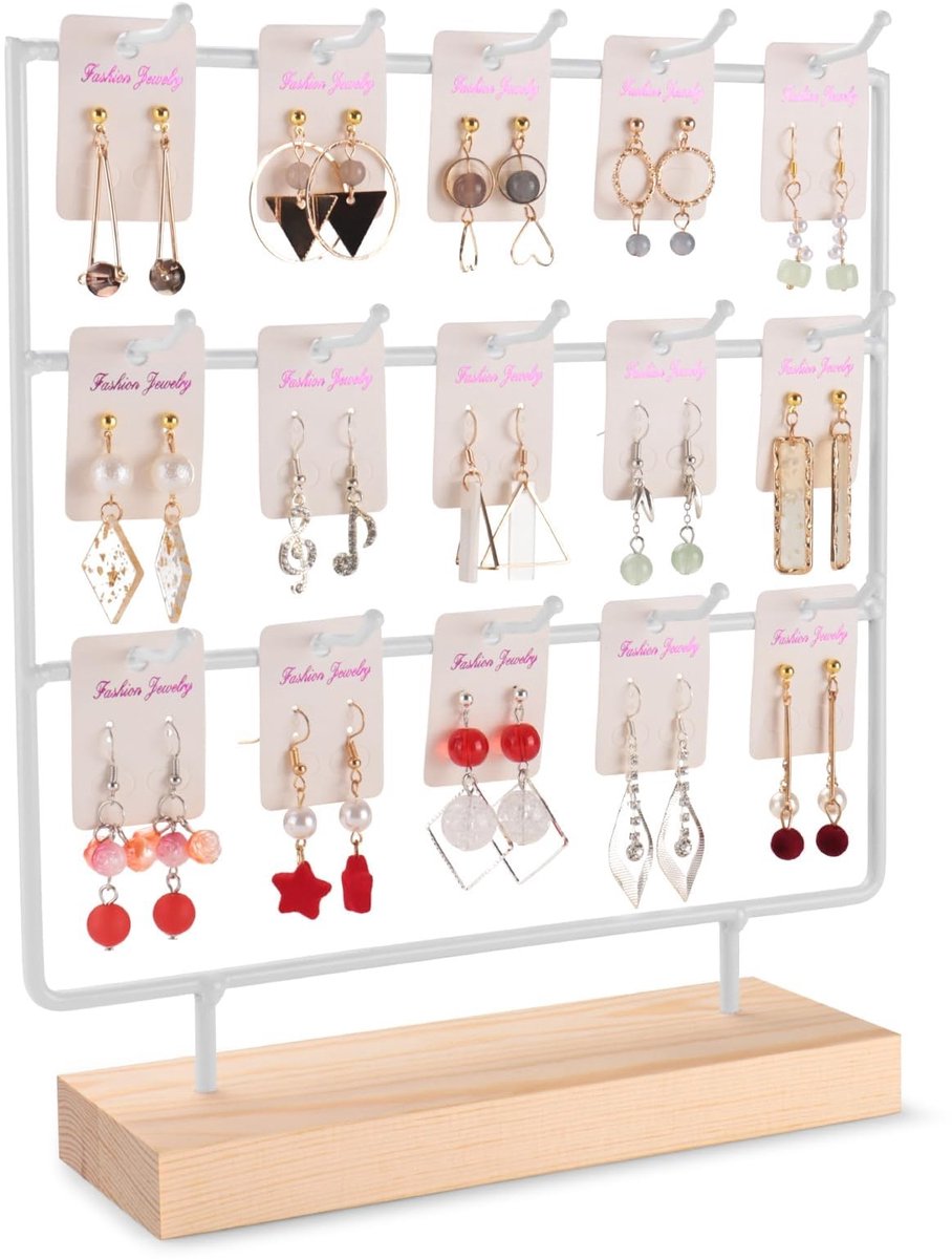 Omgoods - Houten Oorbellen Display Stand met 15 Haken - Drie Niveaus in Wit