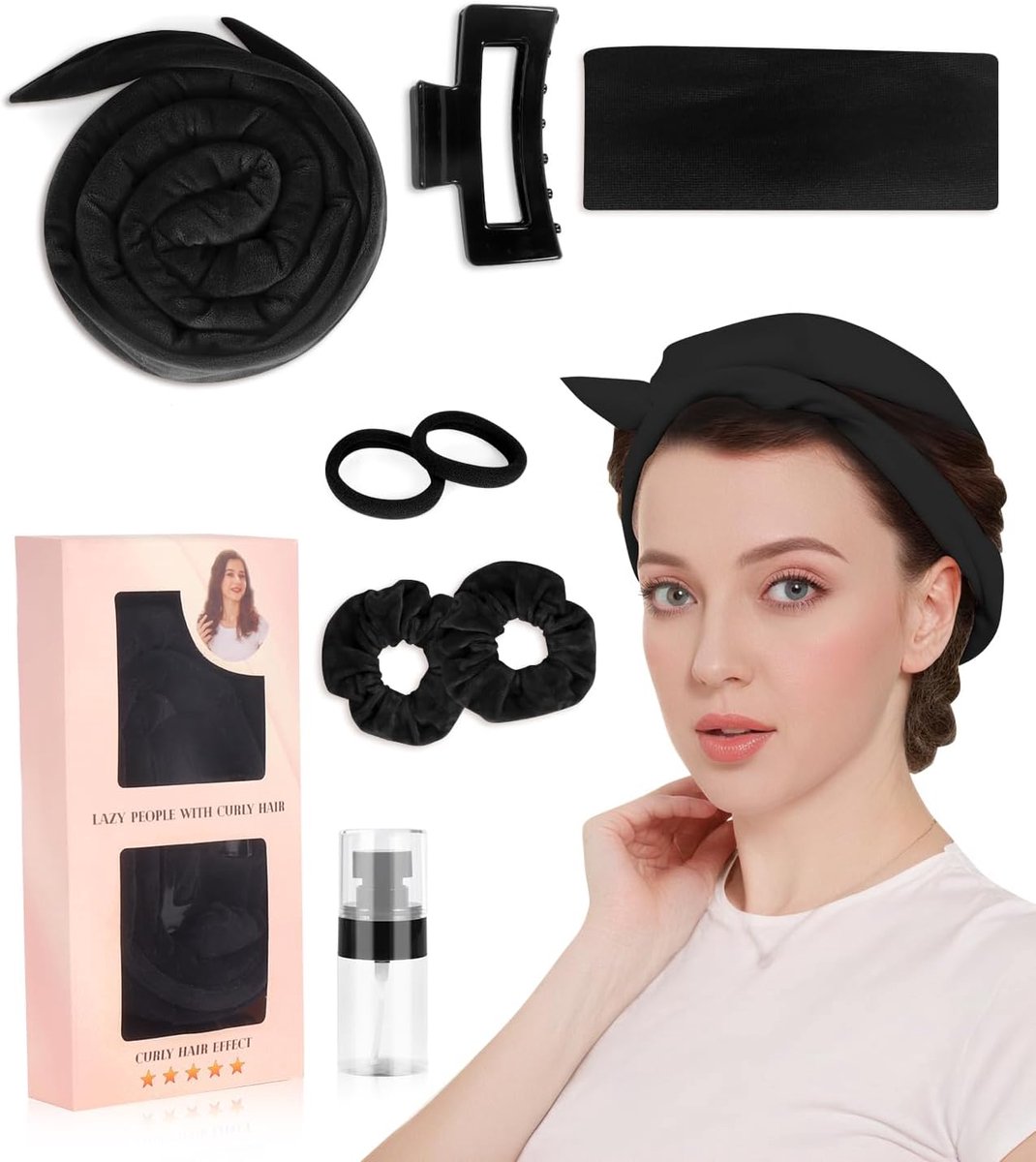Heatless Hair Curlers Overnight Fluwelen krulband voor alle haartypes, Lazy DIY golven zonder hitte (zwart) voor middel/lang haar