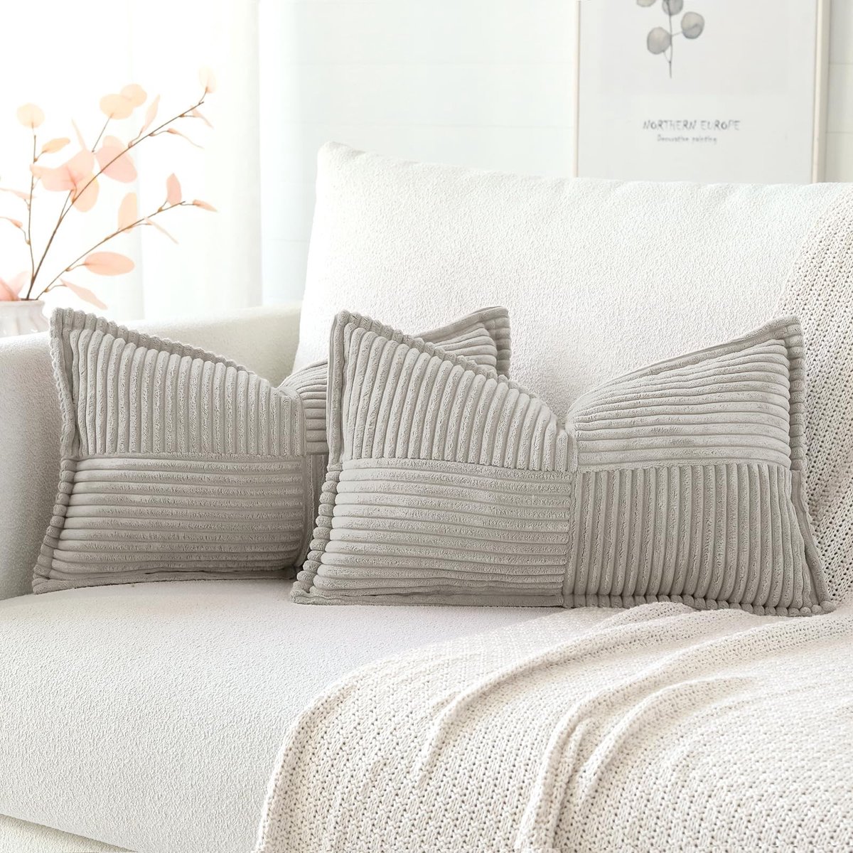 Omgoods - Set van 2 Corduroy Kussenhoezen - Moderne Geweven Kussens voor Sofa en Slaapkamer, Lichtgrijs 40 x 60 cm