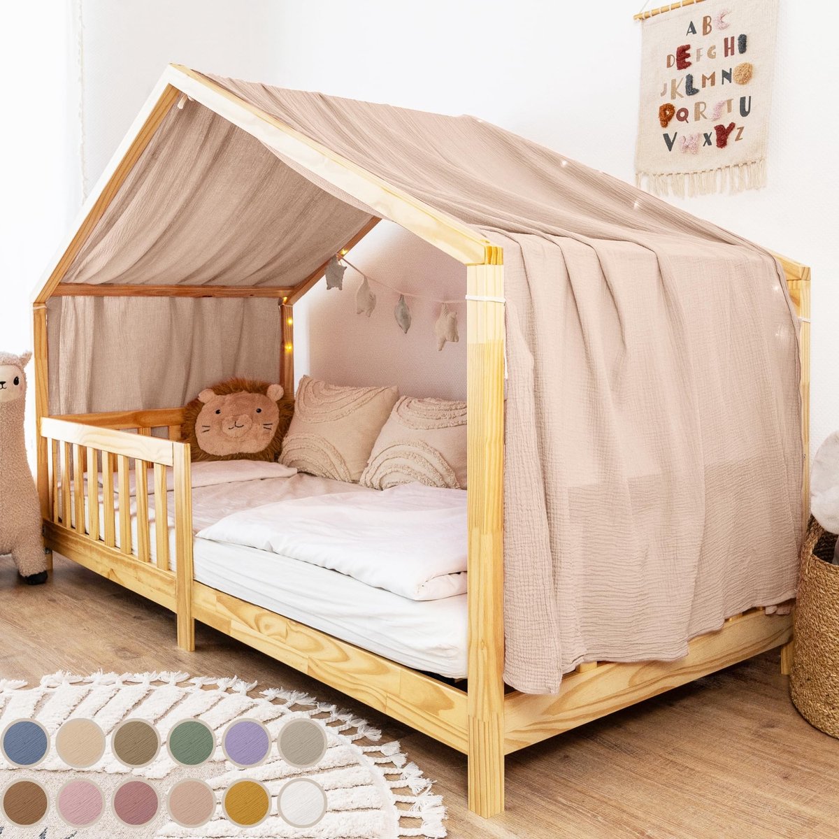 Omgoods - Handgemaakte Bedgordijn in Roze en Beige Muslin 100% Katoen