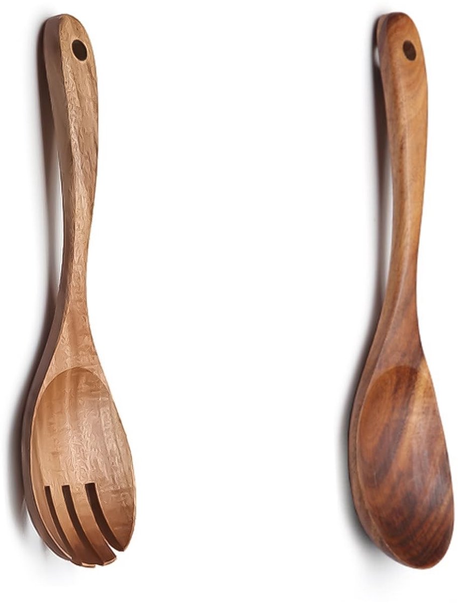 Omgoods- Saladebestek Set van 2 - Houten Saladelepel/Vork - Keukengerei Hout - Ergonomische Handgrepen - Perfect voor Salades/Pasta
