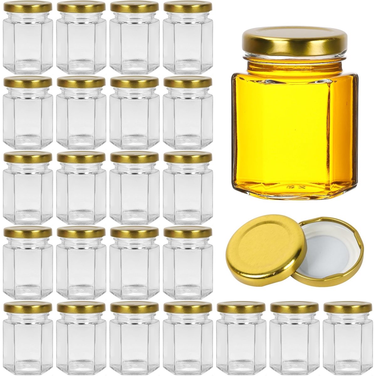 Omgoods - Hexagonale Jars met Gouden Deksel - Set van 24 Stuks voor Conserven