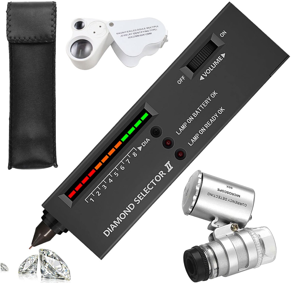 Omgoods- Diamant Tester hoge nauwkeurigheid - Draagbare Detector - Vergrootglas 30X/60X - Kunststof/Metaal - 160 x 40 x 23 mm - LED-lampen - Juwelen Tester