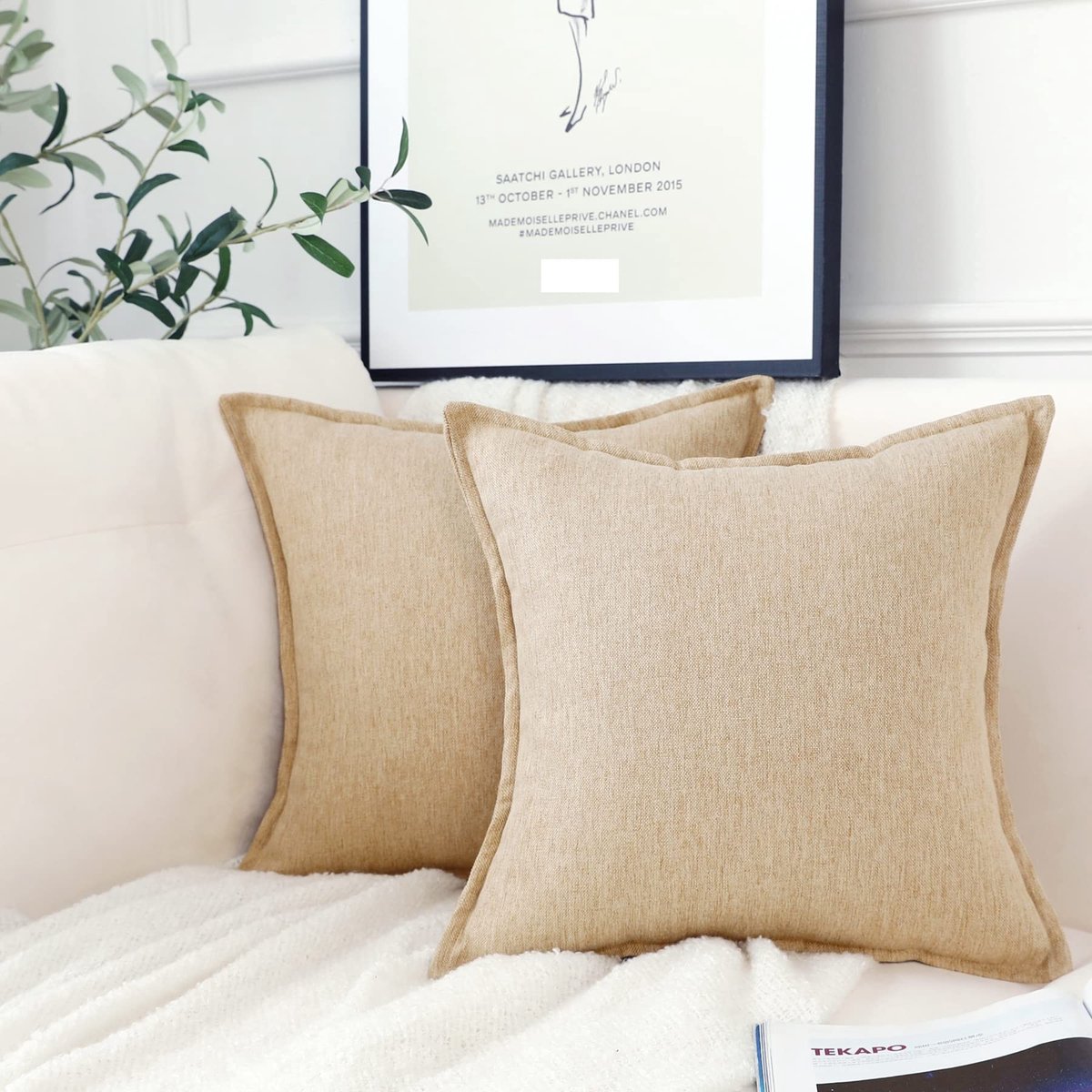 Omgoods - Set van 2 Neutrale Linnen Kussenslopen 50x50cm Lichtbruin Decoratieve Kussens voor Woonkamer en Slaapkamer