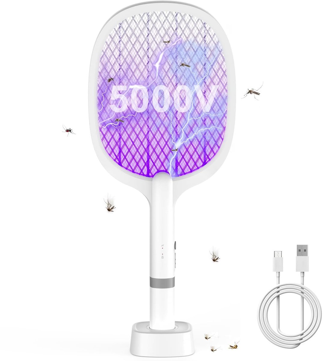 Omgoods - 5000V Elektrische Vliegenmepper - 2 in 1 met Oplaadbare Batterij en UV Lichtval