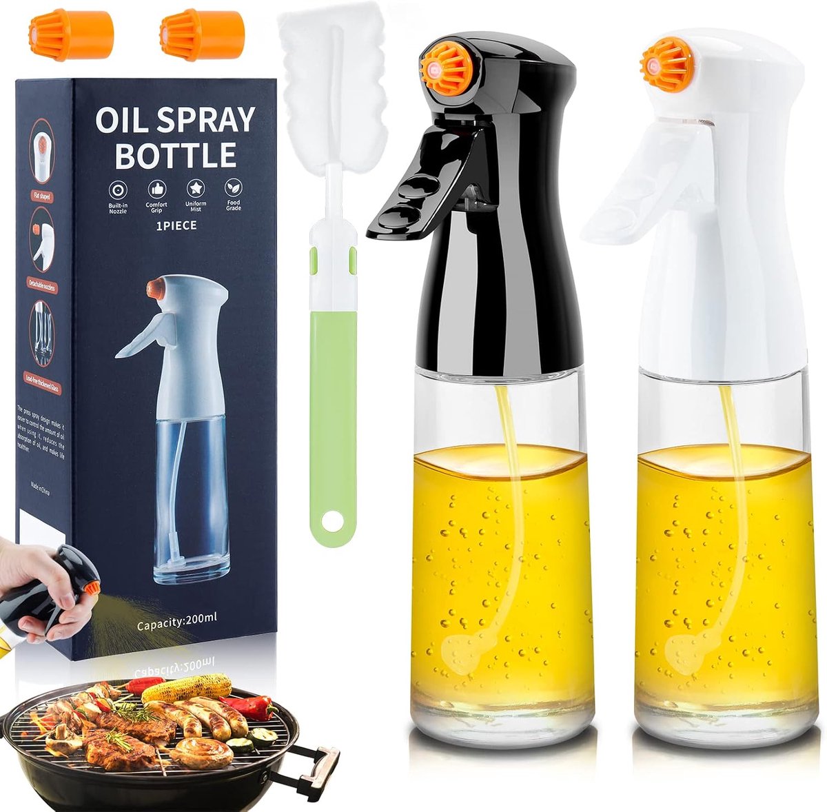 Oliesproeier, 2 stuks oliespuitfles 200 ml, oliesproeier met flessenborstel en 2 stuks verbeterde mondstukken, spuitfles voor voedingsolie