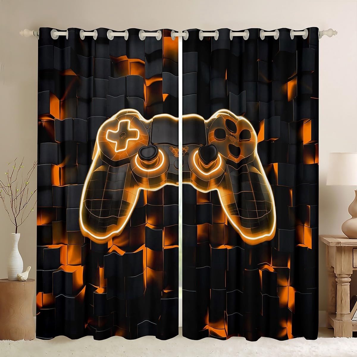Omgoods - Gamer Verduisterende Gordijnen Oranje Geometrie - 2 Panelen 46x54