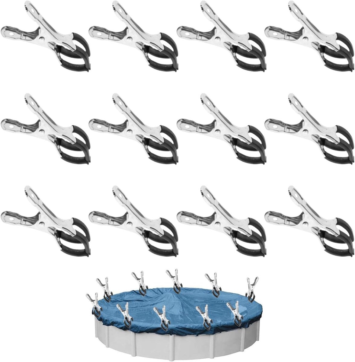 12 stuks metalen klemmen voor zwembadafdekkingen, bevestigingsklemmen met beschermfolie, klemmen voor bovengrondse zwembaden, klemmen met sterke klemkracht voor fotografie, zeildoek (12, Zwart)