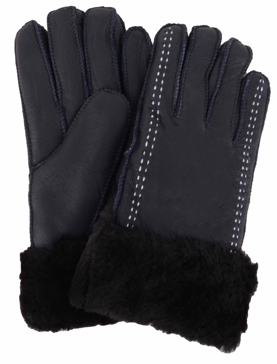 Omgoods - Dames Nappa Finish Schapenvacht Handschoenen met Cuff - Navy Blauw, One Size