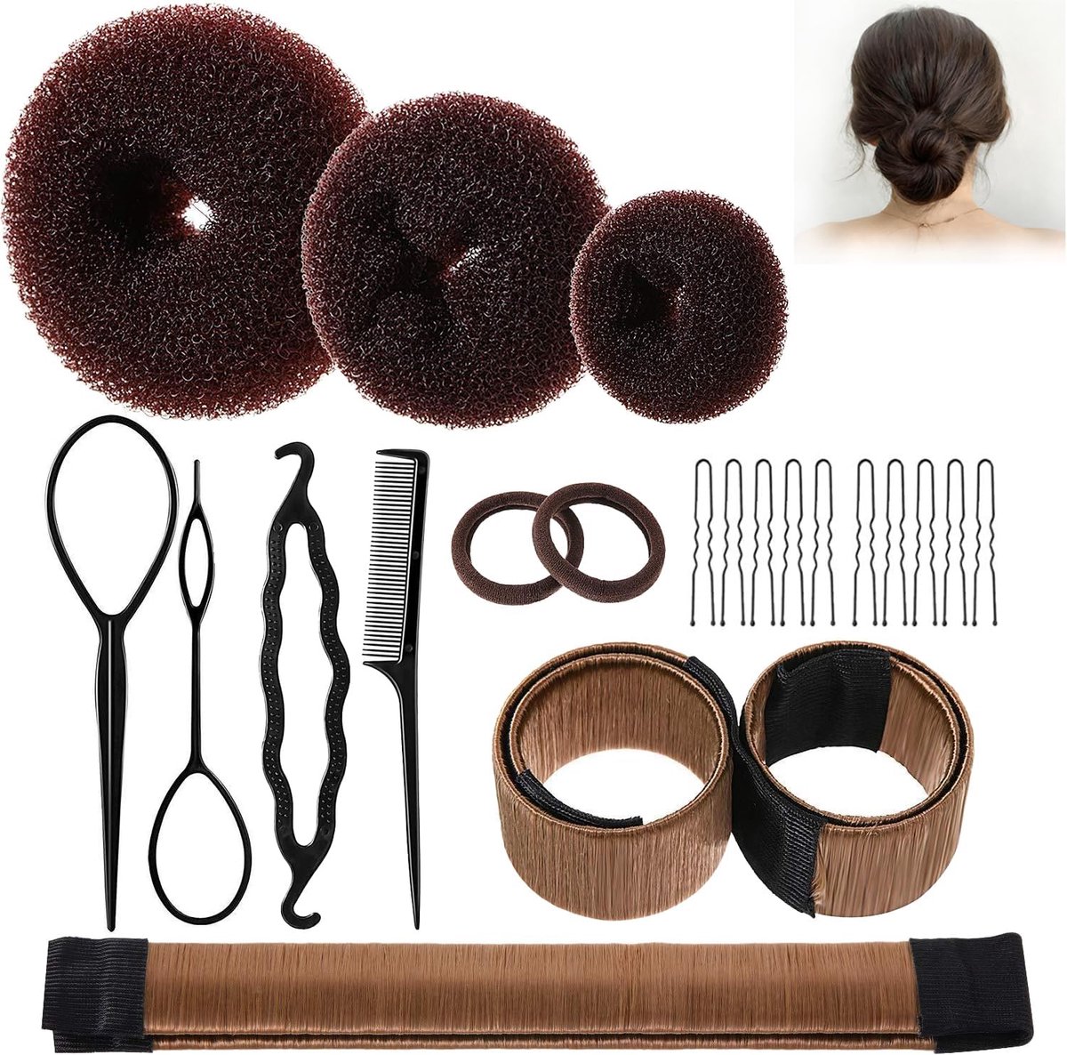 21-delige Knotjesmaker Set voor Dames, Haarstijl Accessoires met Knot Donuts en Haarpelden, Haarknot Kit - Koffiebruin