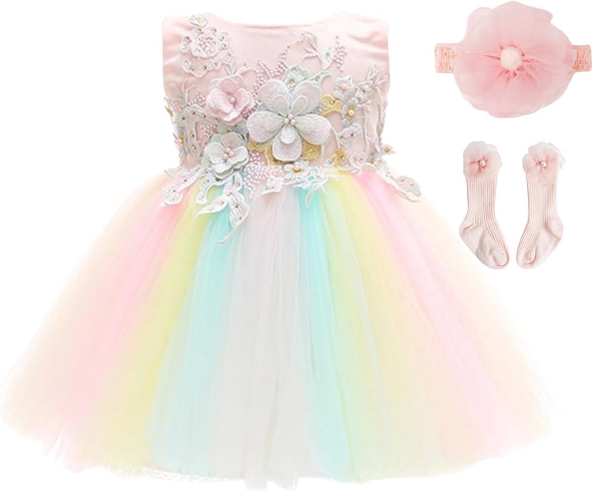 Doopjurk voor baby's, meisjes, elegante bruiloftsjurk voor kinderen, bloemenmeisjesjurk & prinses, kant, tutu, jurk voor peuters, 6-24 maanden, regenboog, 18 Maanden