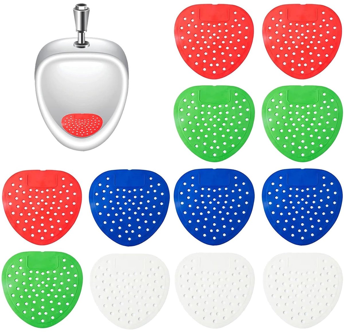 Urinoseef, 12 stuks urinoseef beschermende mat, urinoirinleg met geur, voor openbare toiletten, toiletten in winkelcentra, restauranttoiletten, rood, blauw, groen, wit