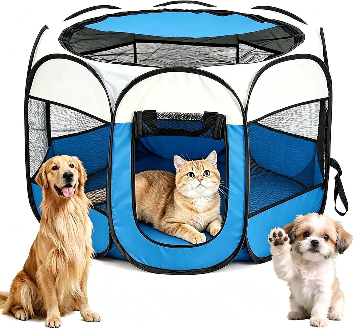 opvouwbaar, voor thuis, puppybox, kattenhok voor binnen en buiten, hondenkooi, hondentent, vrijloophok, konijnenbox, kat, hond, katten, tent, hok voor kleine dieren (beige + blauw)