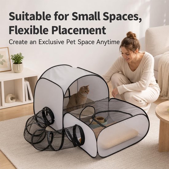 huisdierenhok, kattenhok, balkon, ren voor kleine dieren met inklapbare tunnel voor katten, honden en kleine dieren, katten en honden, buitenhok voor binnen, camping en reizen (grijs) — afbeelding 5